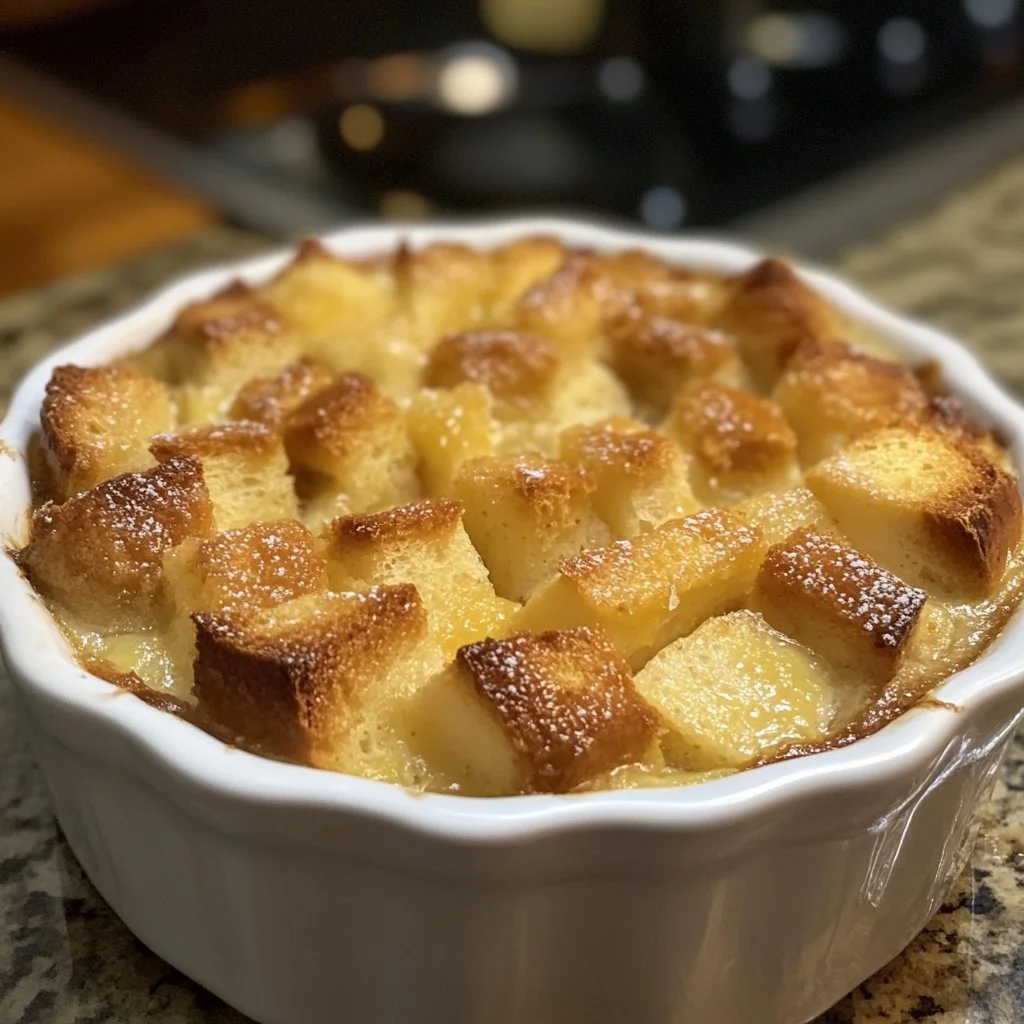 Delicious and rich homemade bread pudding served in a dish