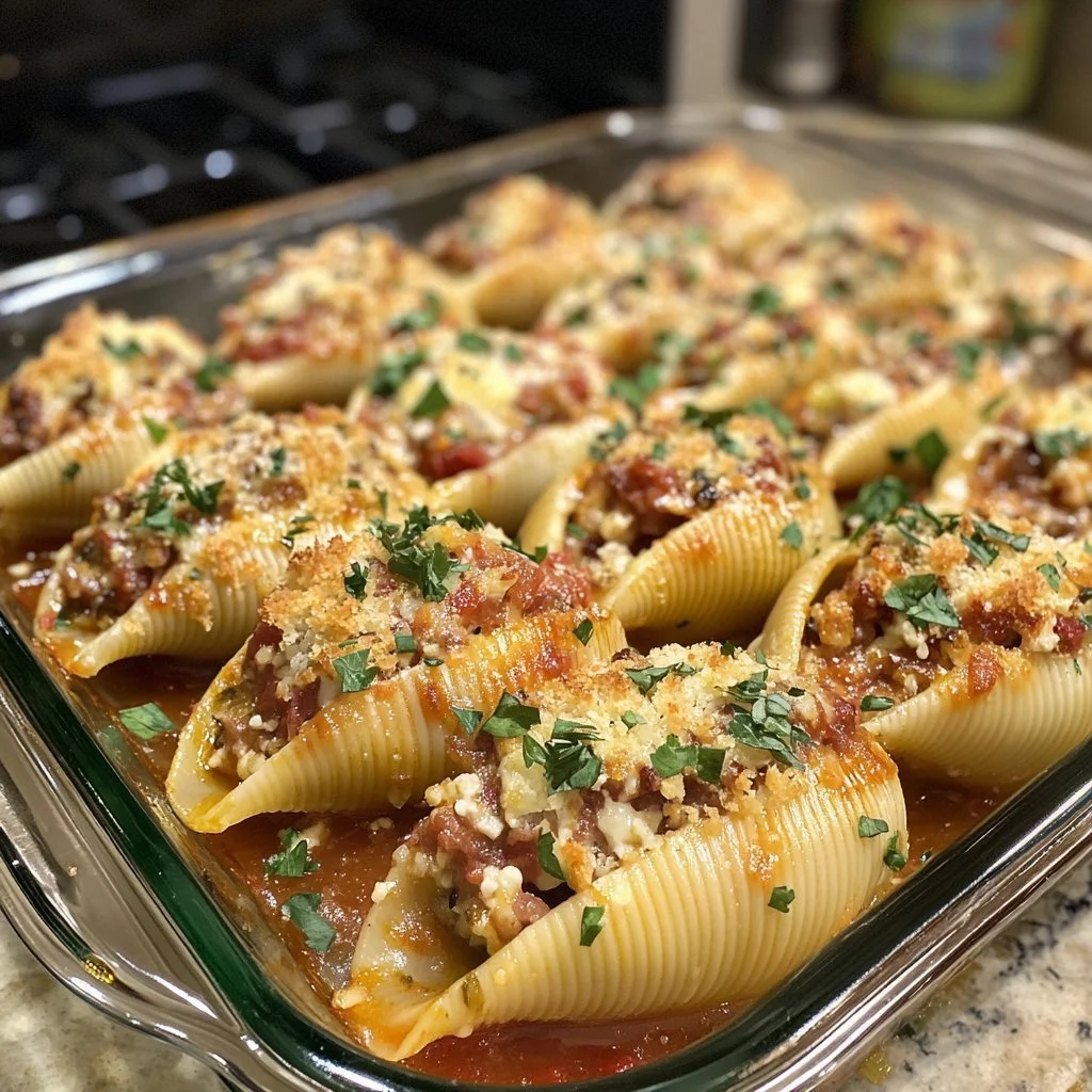 Delicious Christmas stuffed shells ready to be served for a holiday dinner