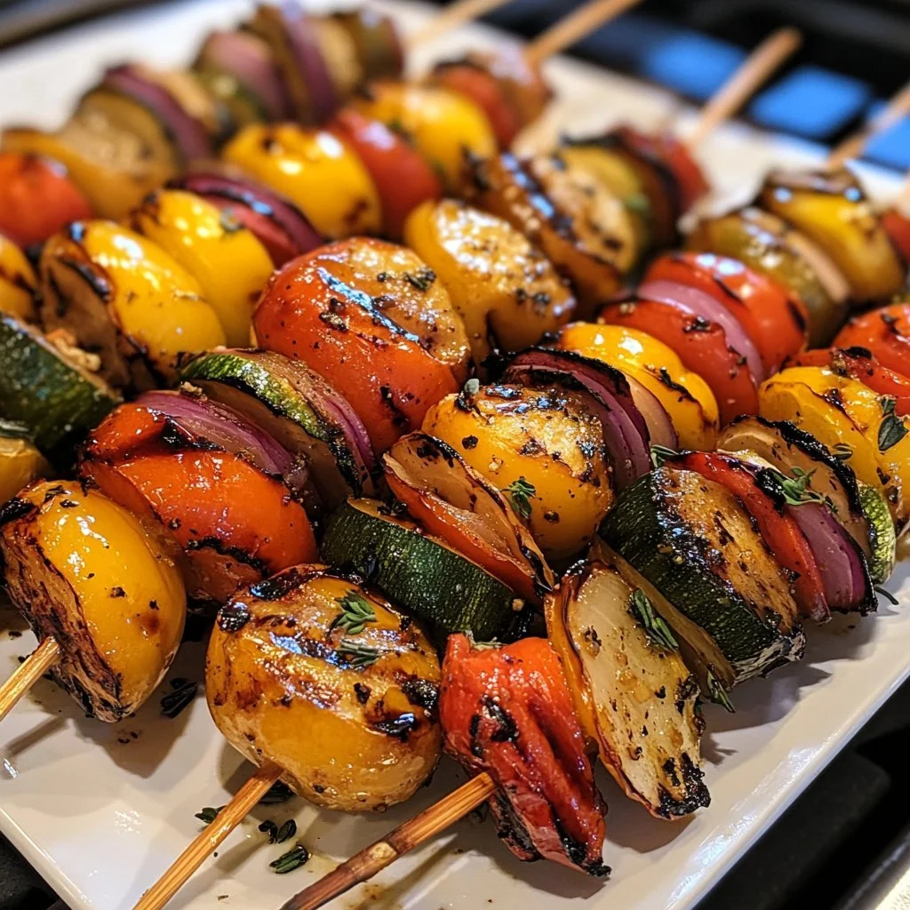 Delicious grilled balsamic veggie skewers with colorful vegetables