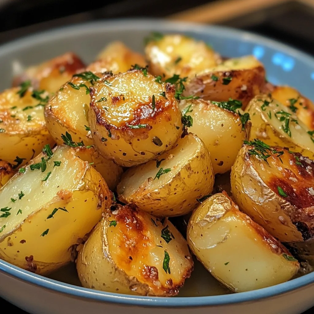 Crispy golden roast potatoes on a serving plate, garnished with herbs