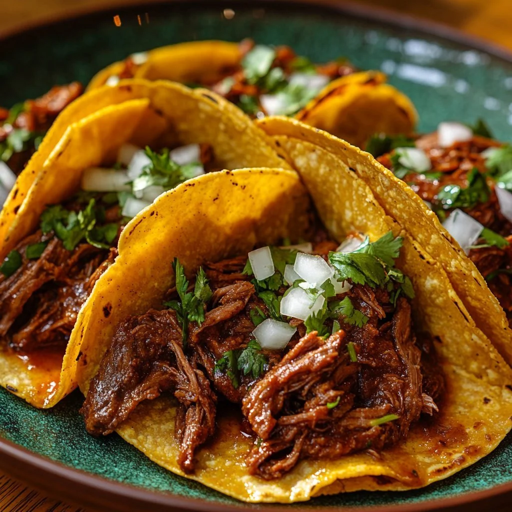 Deliciously prepared Birria Tacos served with dipping broth and fresh toppings.
