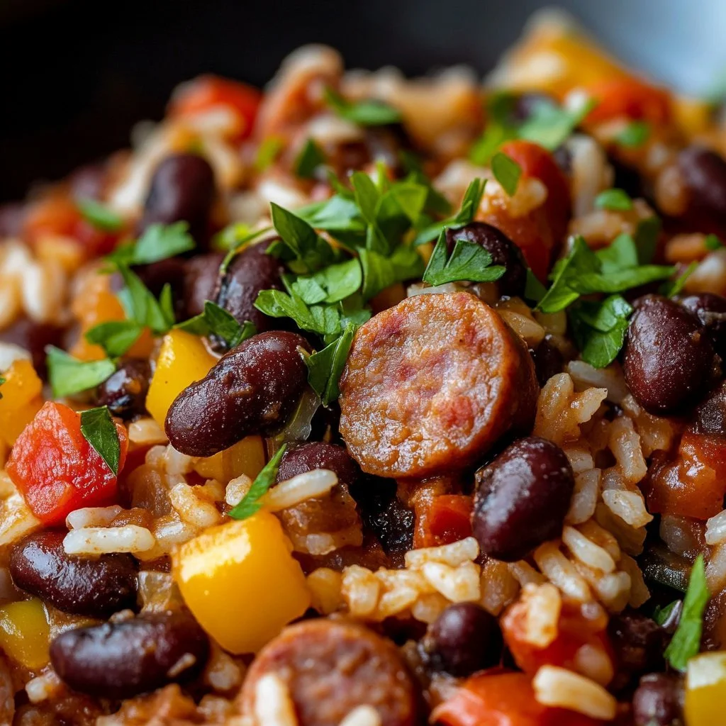 Delicious plate of black beans and rice with sausage garnished with herbs