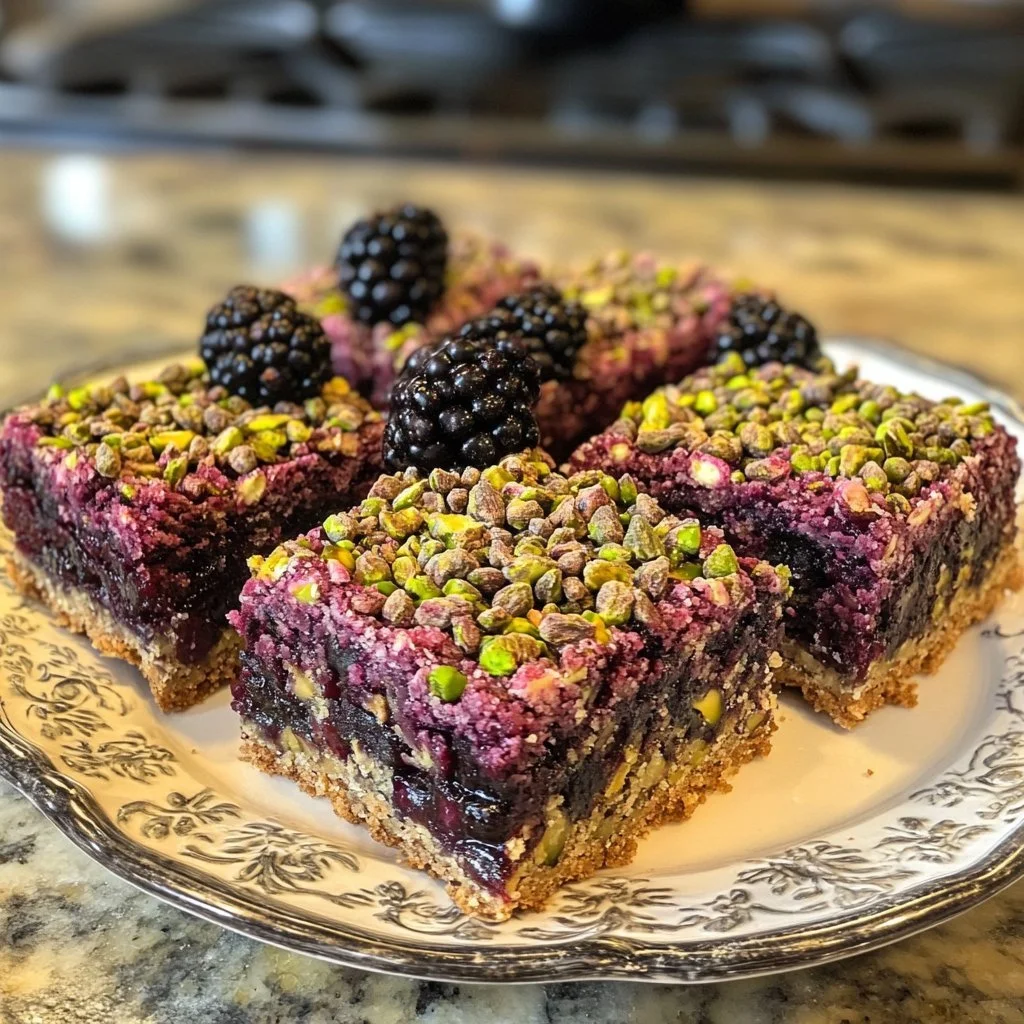 Delicious blackberry pistachio dream bars with fresh berries and nuts