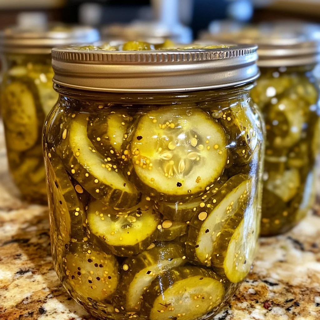 Jar of homemade Bread and Butter Pickles on a wooden table