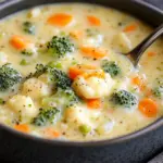 Bowl of creamy broccoli cauliflower cheese soup garnished with herbs