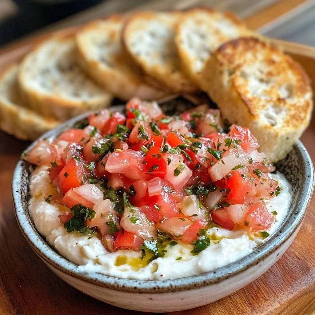 Delicious bruschetta dip served with crusty bread and fresh toppings