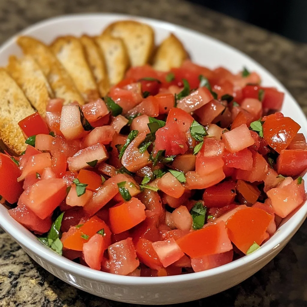 Delicious Bruschetta Dip served with crispy bread for a tasty appetizer