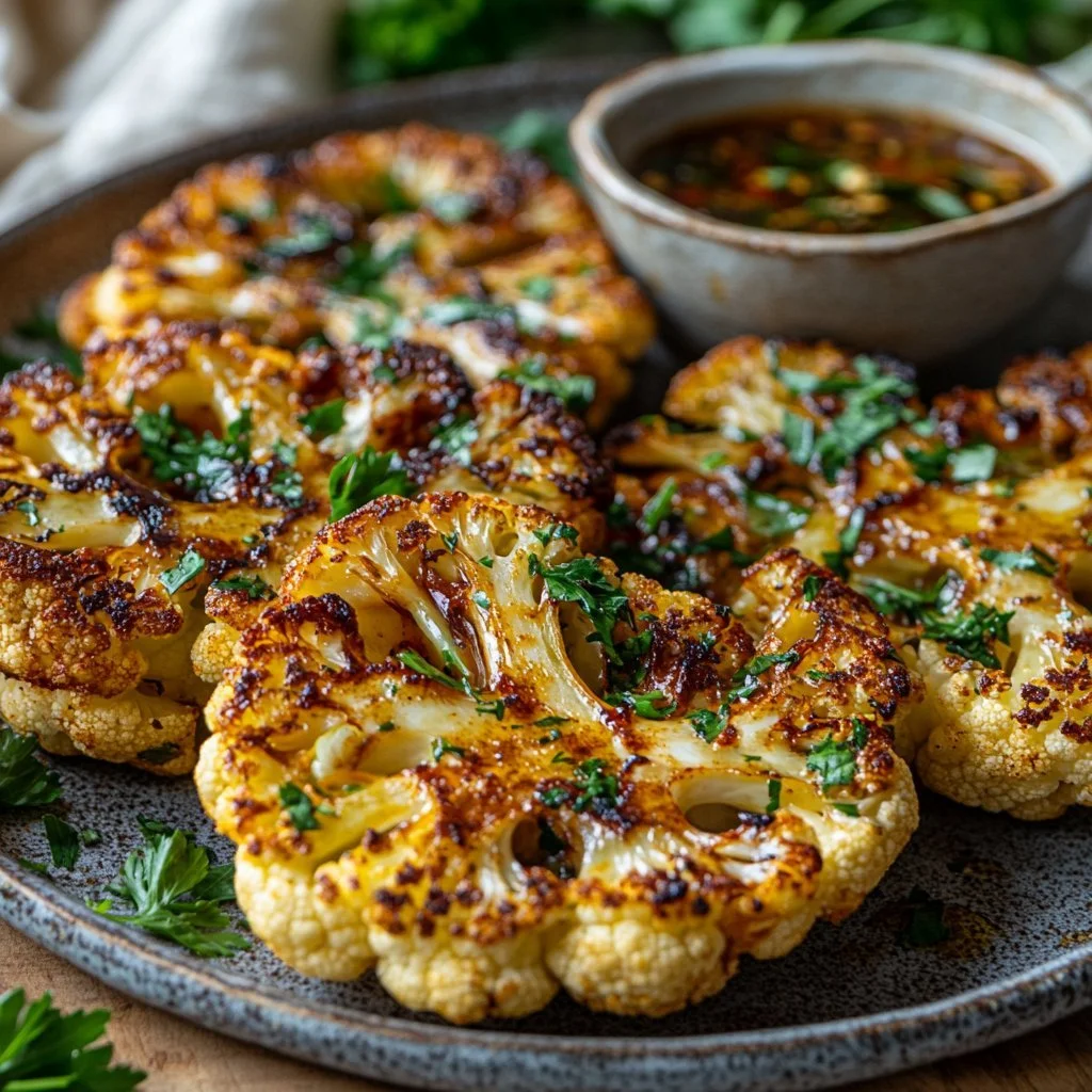 Buffalo Cauliflower Steaks garnished with fresh herbs on a plate.