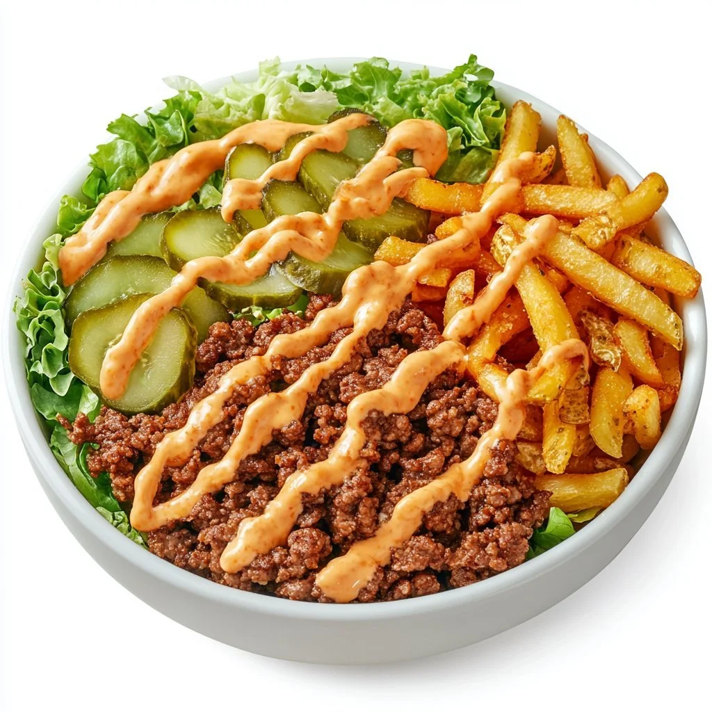 Delicious burger bowls with fresh ingredients and toppings.