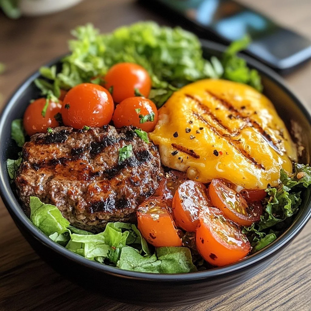 Colorful and fresh burger bowls topped with lettuce, tomatoes, and cheese
