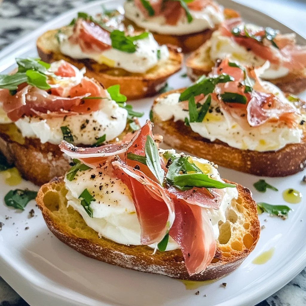 Delicious Burrata and Prosciutto Crostini served on a rustic platter