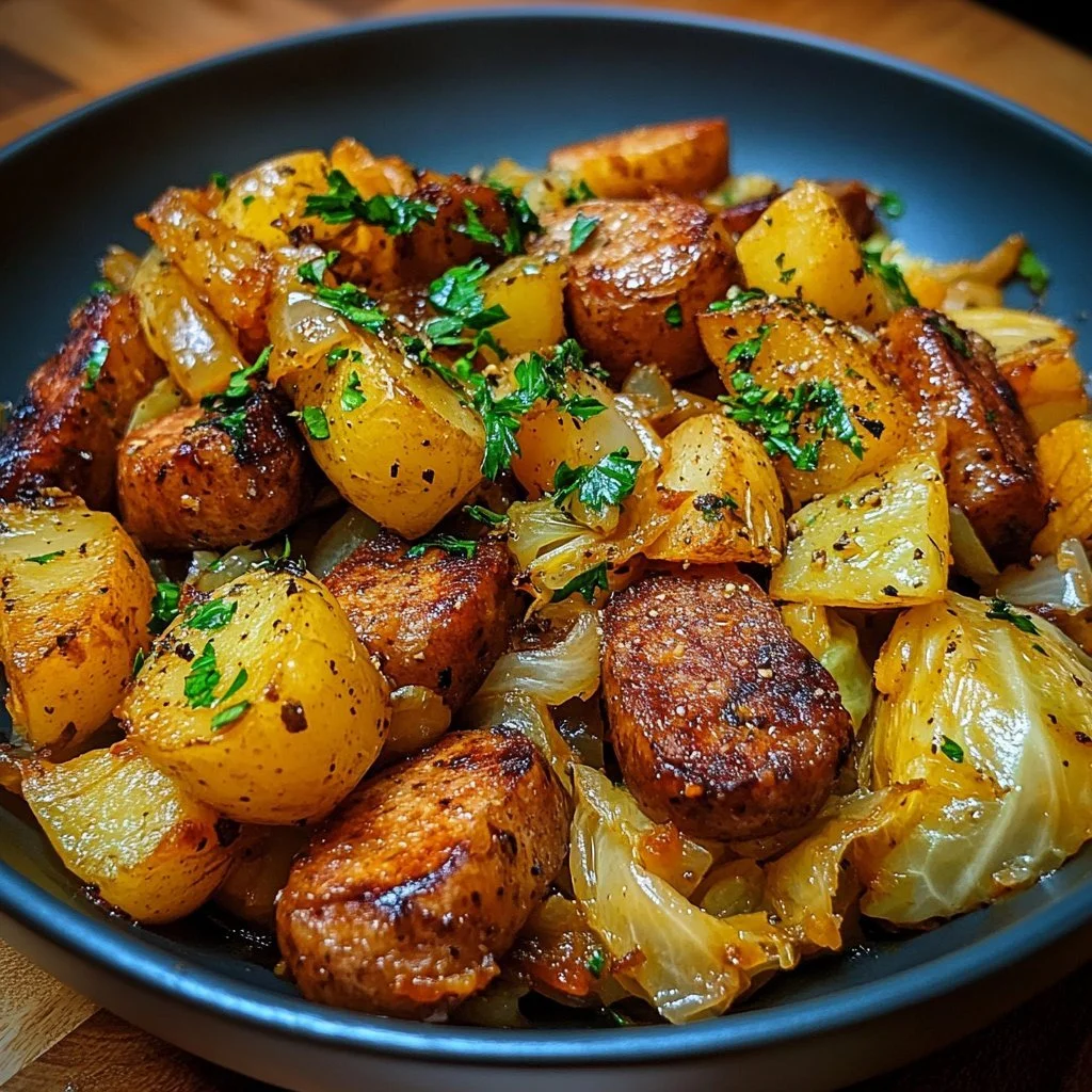 Cabbage, potatoes, and sausage in a pot dish.