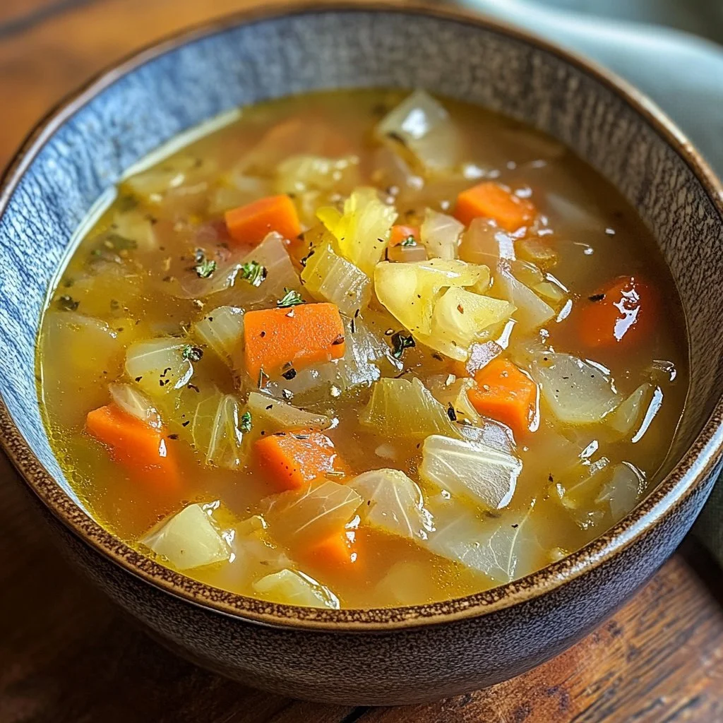 Healthy homemade cabbage soup with fresh vegetables in a bowl