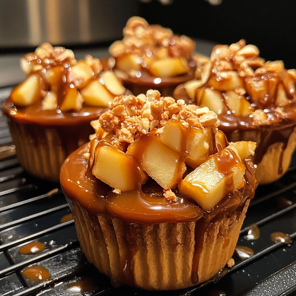 Delicious caramel apple dessert cups topped with whipped cream and caramel drizzle.
