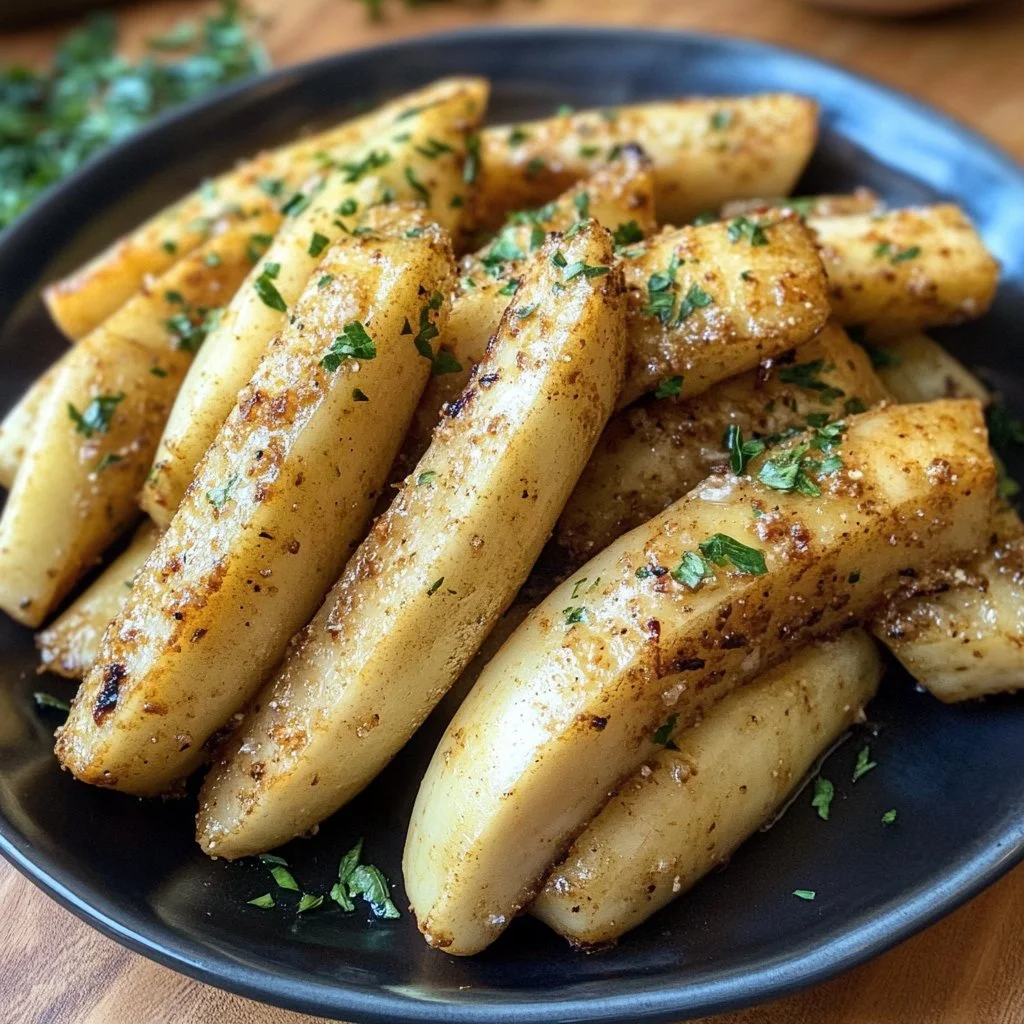 Plate of cassava with mojo sauce garnished with fresh herbs