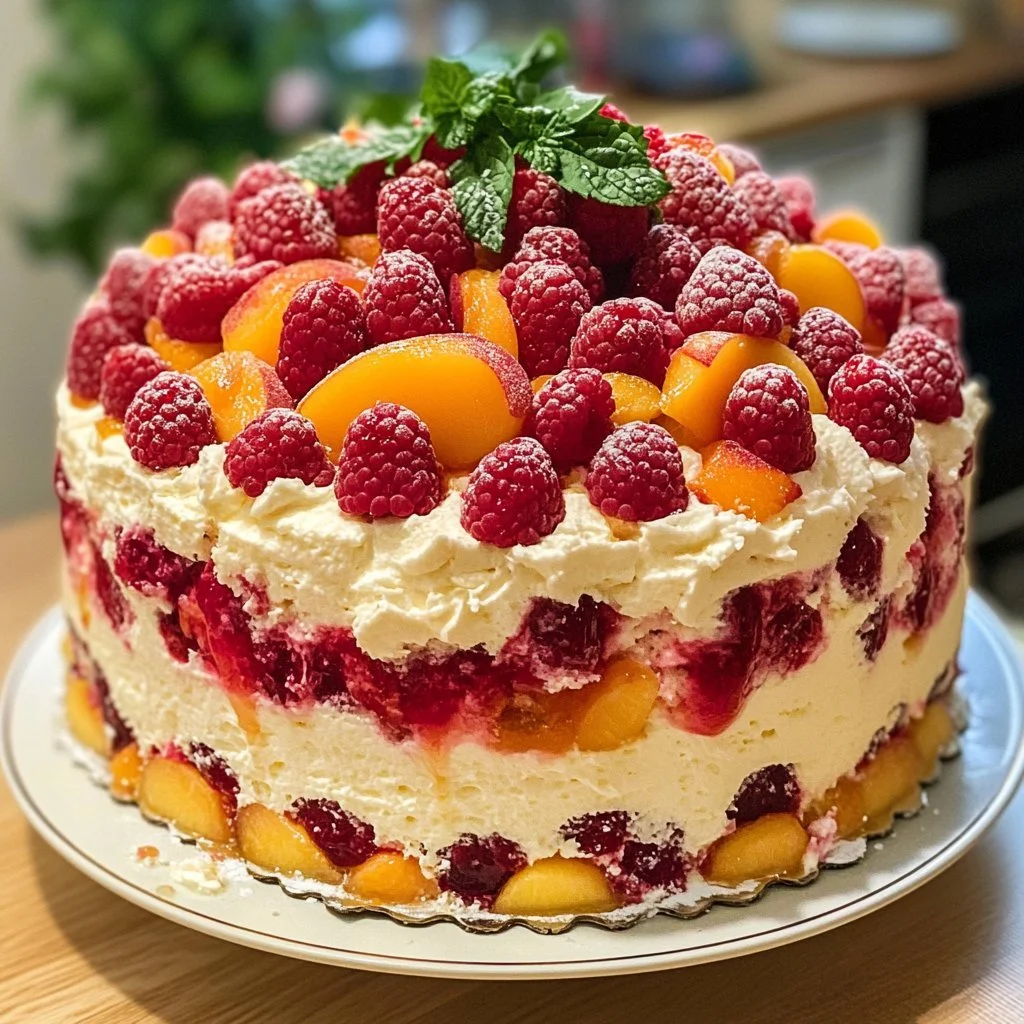 Champagne cake topped with raspberry and peach puree, perfect for celebrations