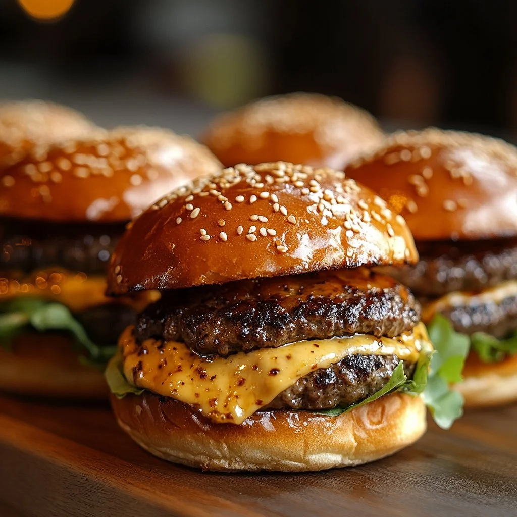 Cheeseburger sliders served on a wooden platter with toppings.
