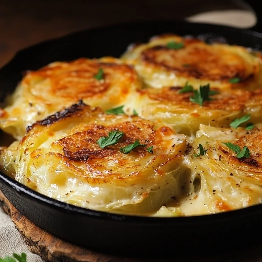 Cheesy baked cabbage steaks topped with melted cheese and spices