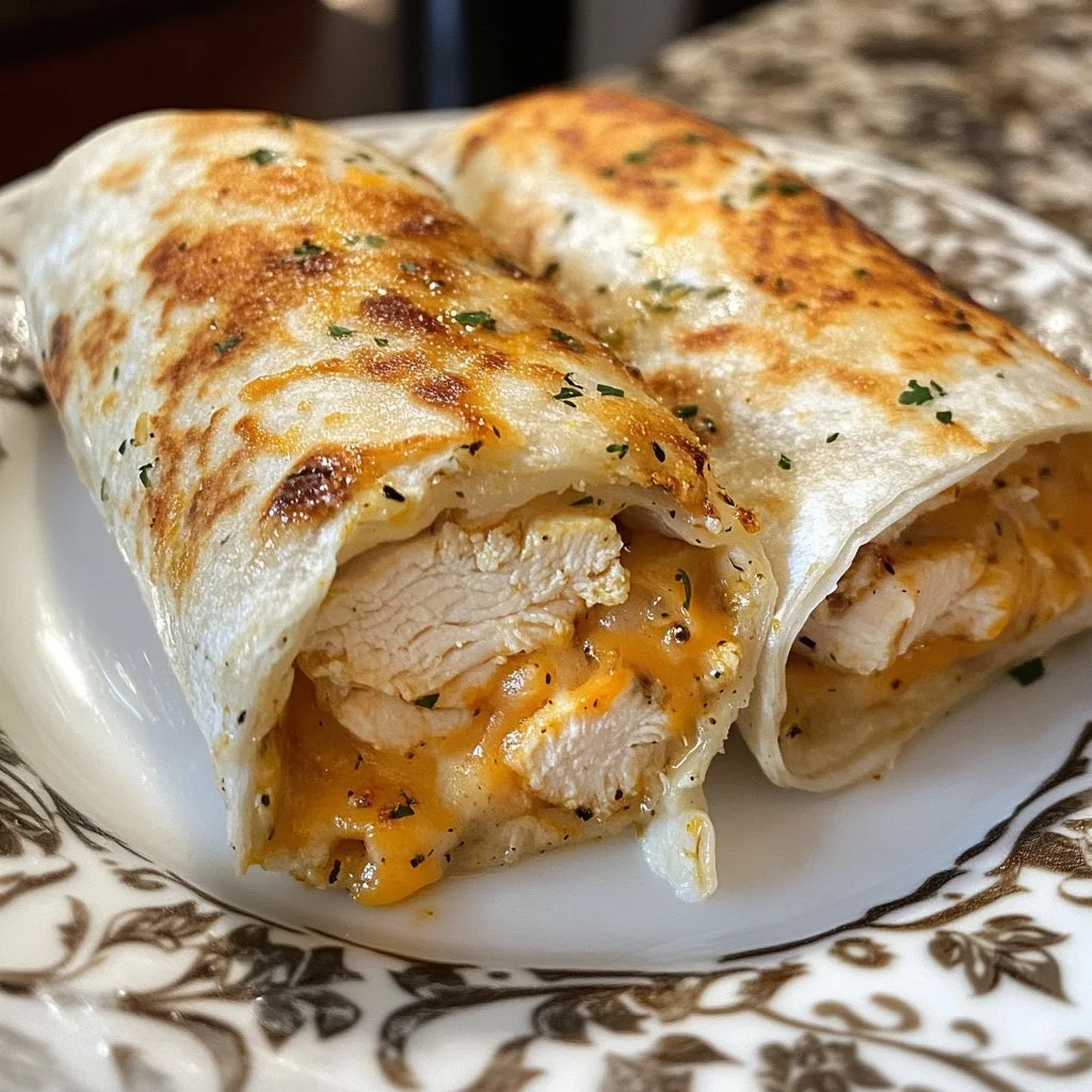 Delicious cheesy chicken garlic wraps garnished and ready to eat.
