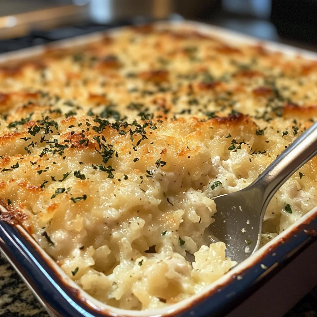 Chicken Cauliflower Rice Casserole served in a dish with herbs and spices