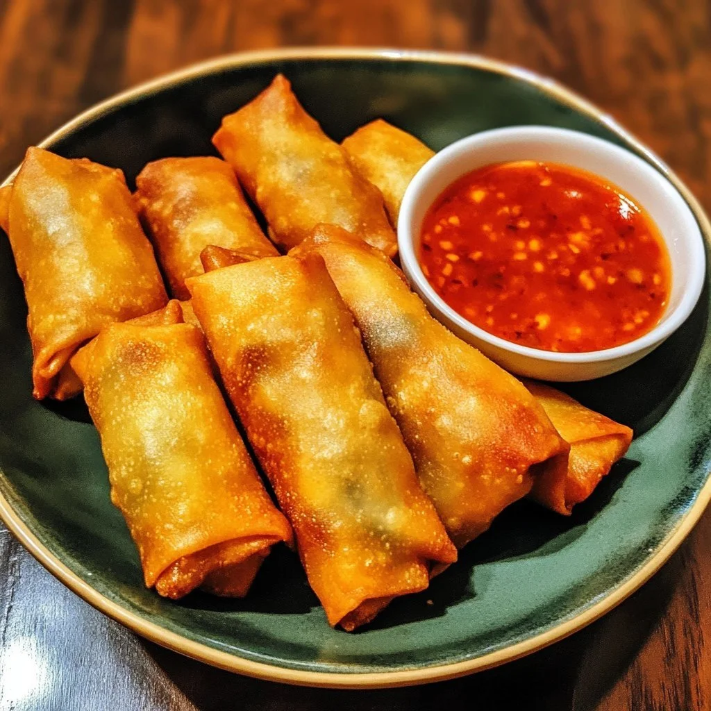 Plate of freshly made Chicken Spring Rolls with dipping sauce