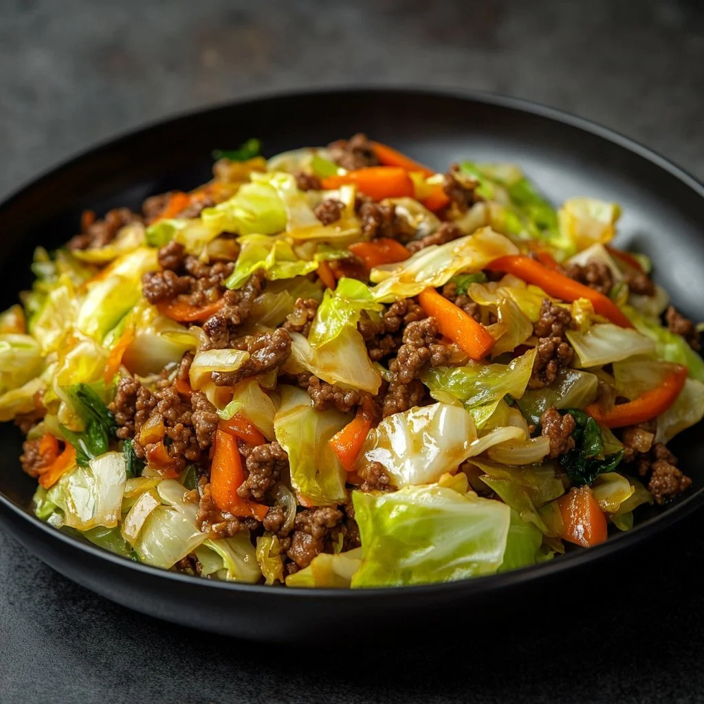 Chinese ground beef stir-fry with cabbage served in a colorful dish