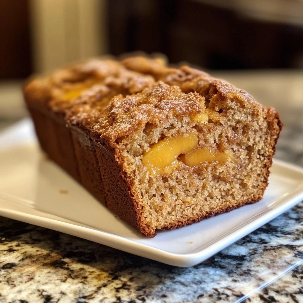Freshly baked Cinnamon Peach Bread with slices showing the juicy peach filling