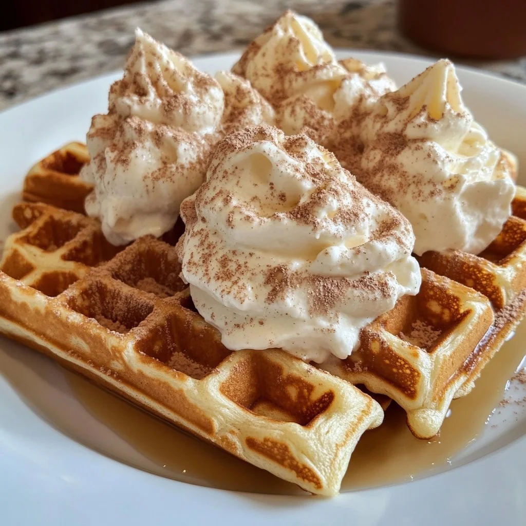 Delicious cinnamon waffles topped with cinnamon whipped cream, served on a plate.