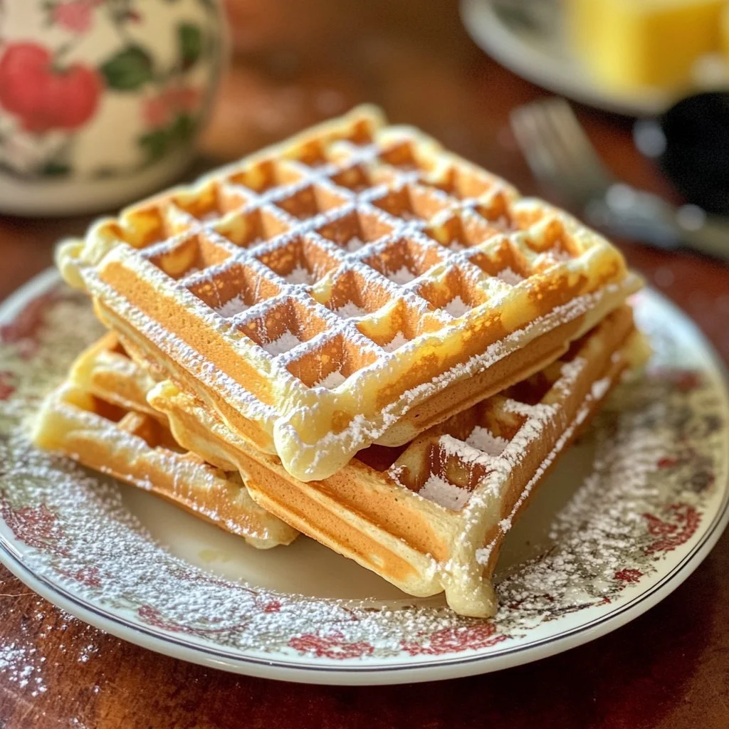 Delicious classic waffles stacked with syrup and fresh berries on a plate