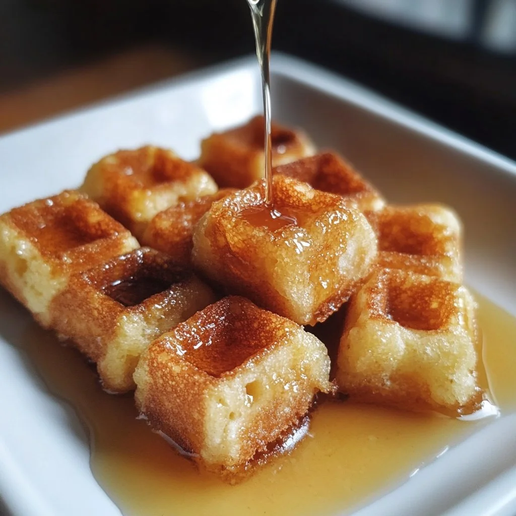 Cornbread waffle bites topped with honey butter syrup on a plate