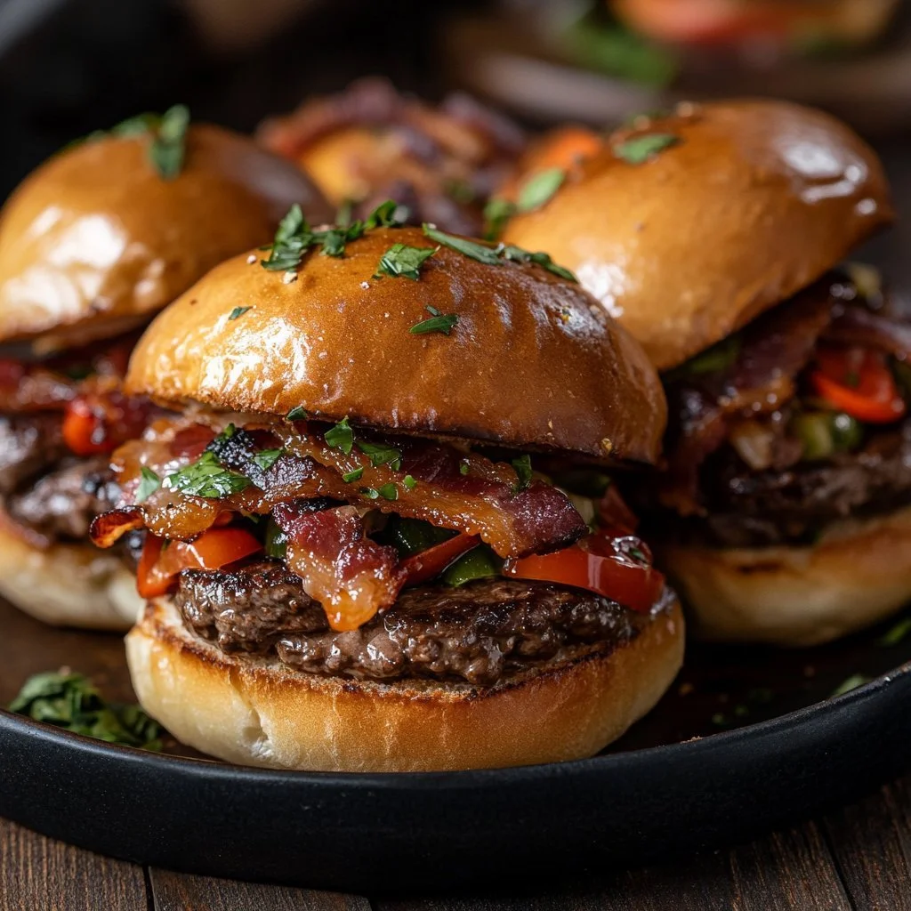 Delicious Cowboy Sliders served on a wooden platter with fresh toppings.