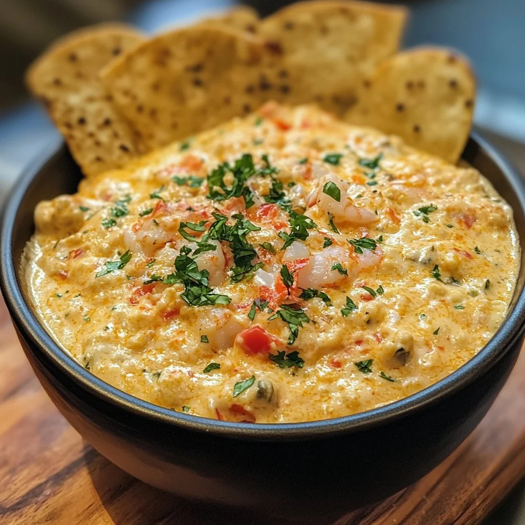 Delicious Crab Shrimp Queso served in a bowl with tortilla chips.