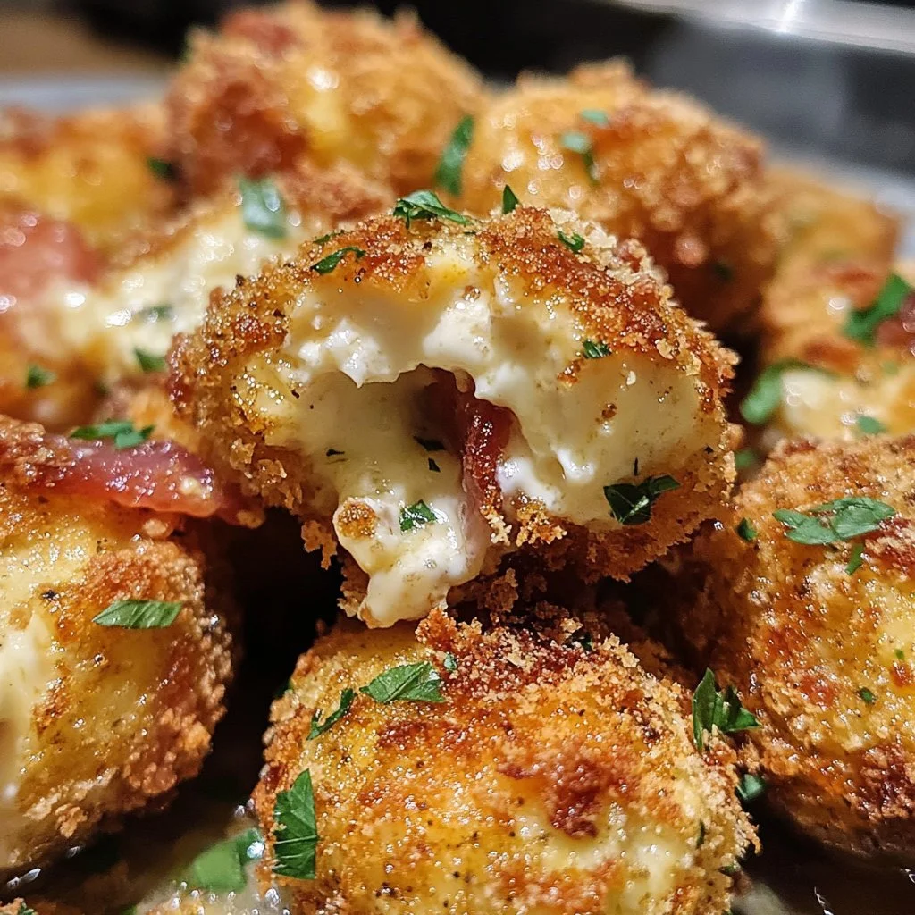 Delicious crispy bacon mozzarella poppers served on a plate