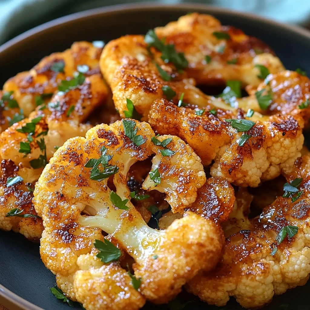 Crispy baked cauliflower steaks on a plate garnished with herbs