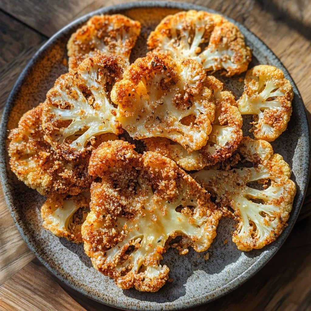 Crispy baked cauliflower steaks served with a side of sauce