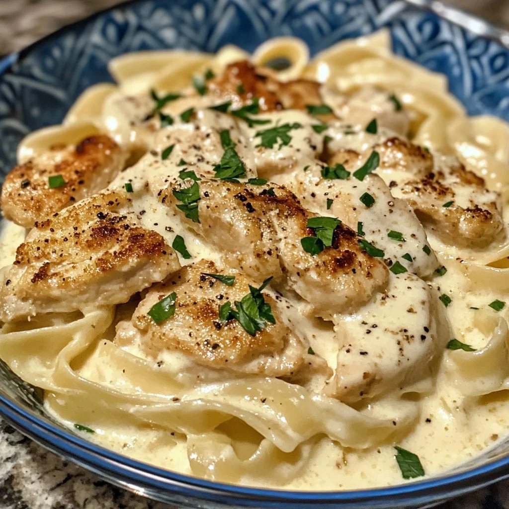 Delicious crispy chicken fettuccine alfredo topped with parsley and parmesan