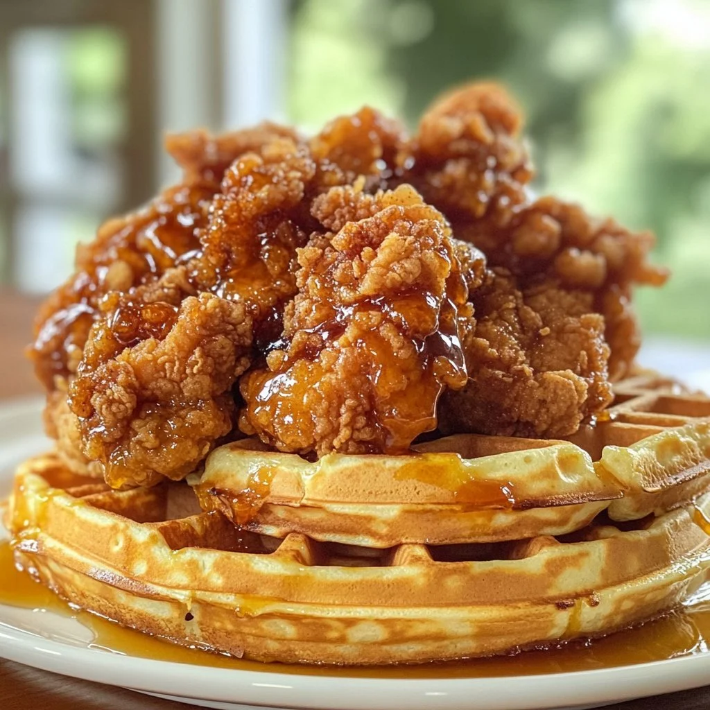 Delicious crispy fried chicken served with waffles and drizzled with hot honey.