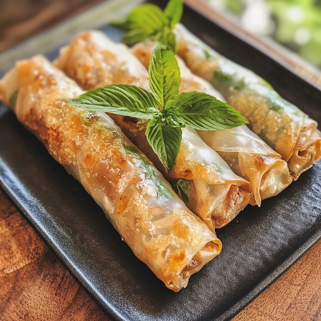 Crispy rice paper spring rolls filled with fresh vegetables and herbs