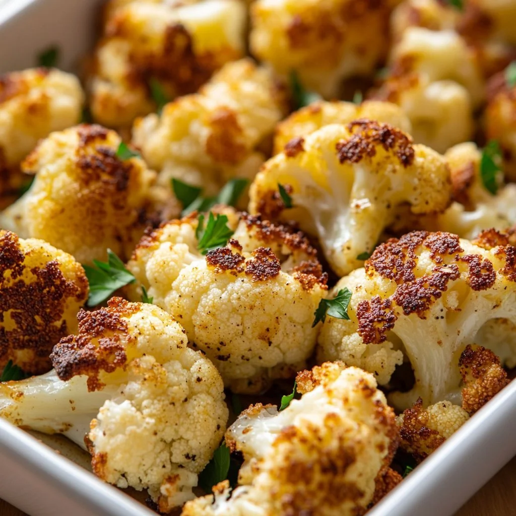 Bowl of crispy roasted cauliflower garnished with herbs