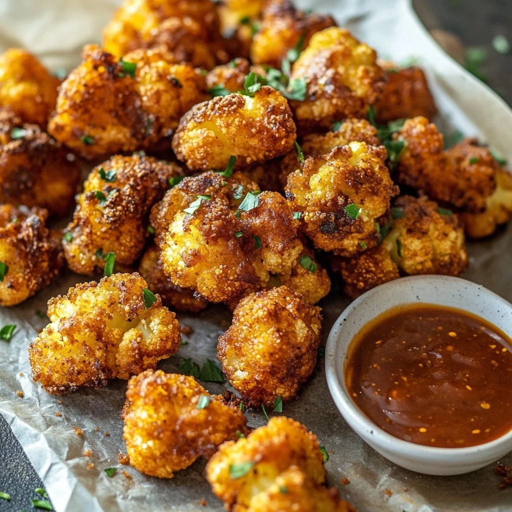 Crispy roasted cauliflower served in a bowl, garnished with herbs.