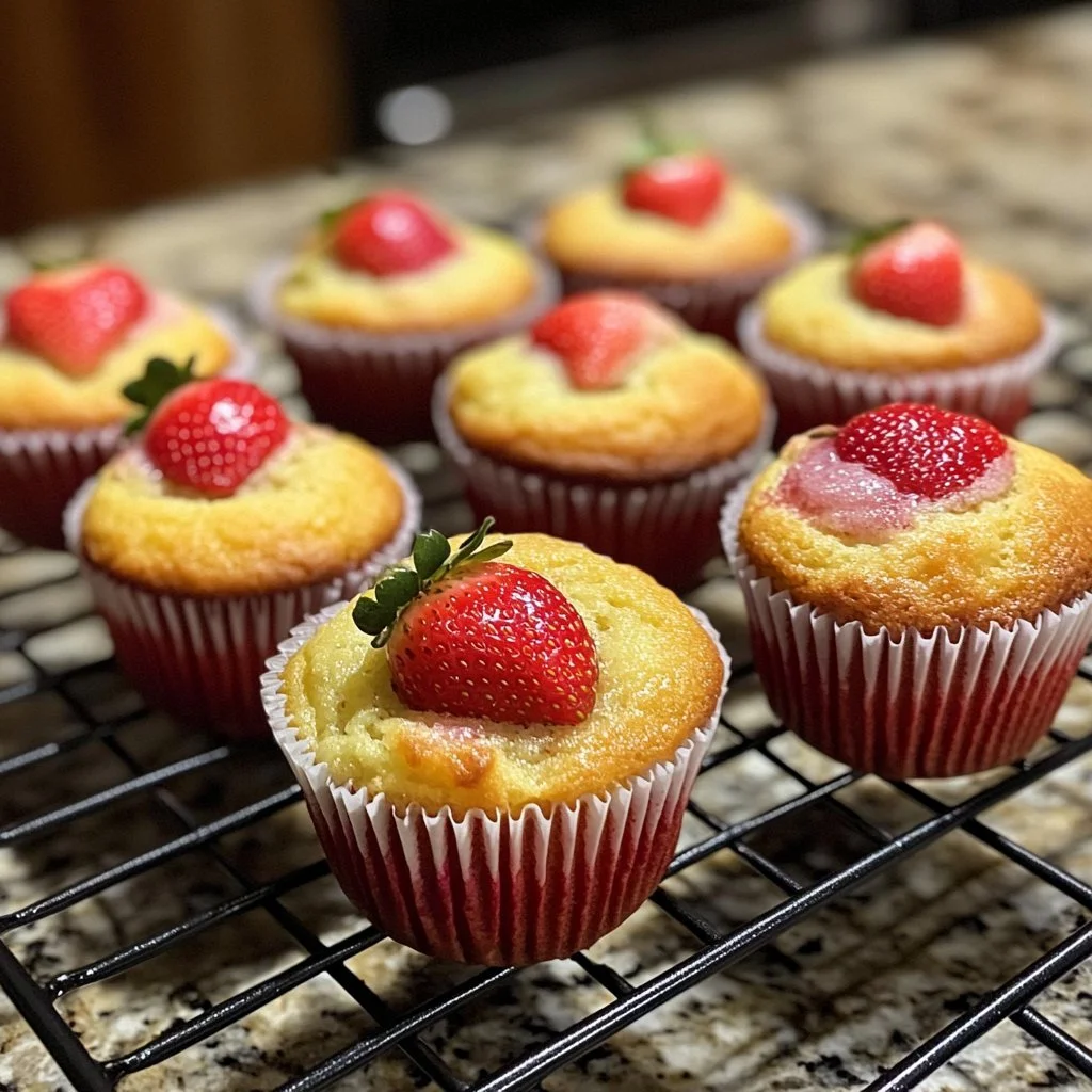 Freshly baked strawberry muffins on a cooling rack