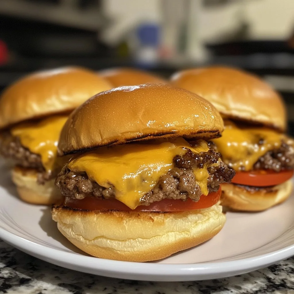 Easy cheeseburger sliders served on a platter with toppings