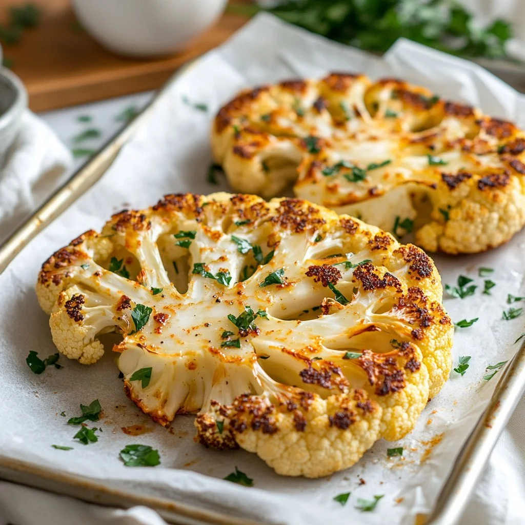 Easily grilled or roasted cauliflower steak served on a plate