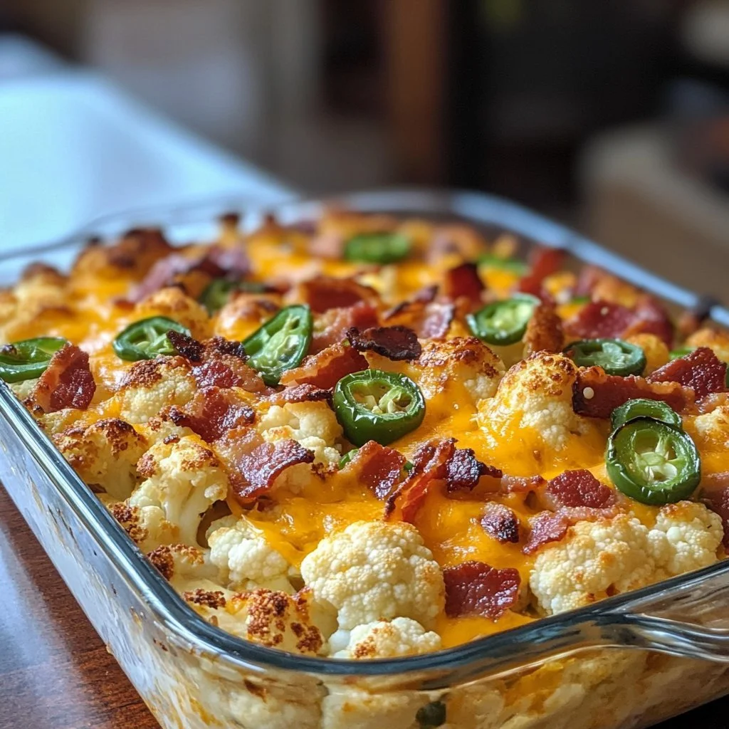Easy jalapeno popper cauliflower casserole topped with cheese and jalapenos