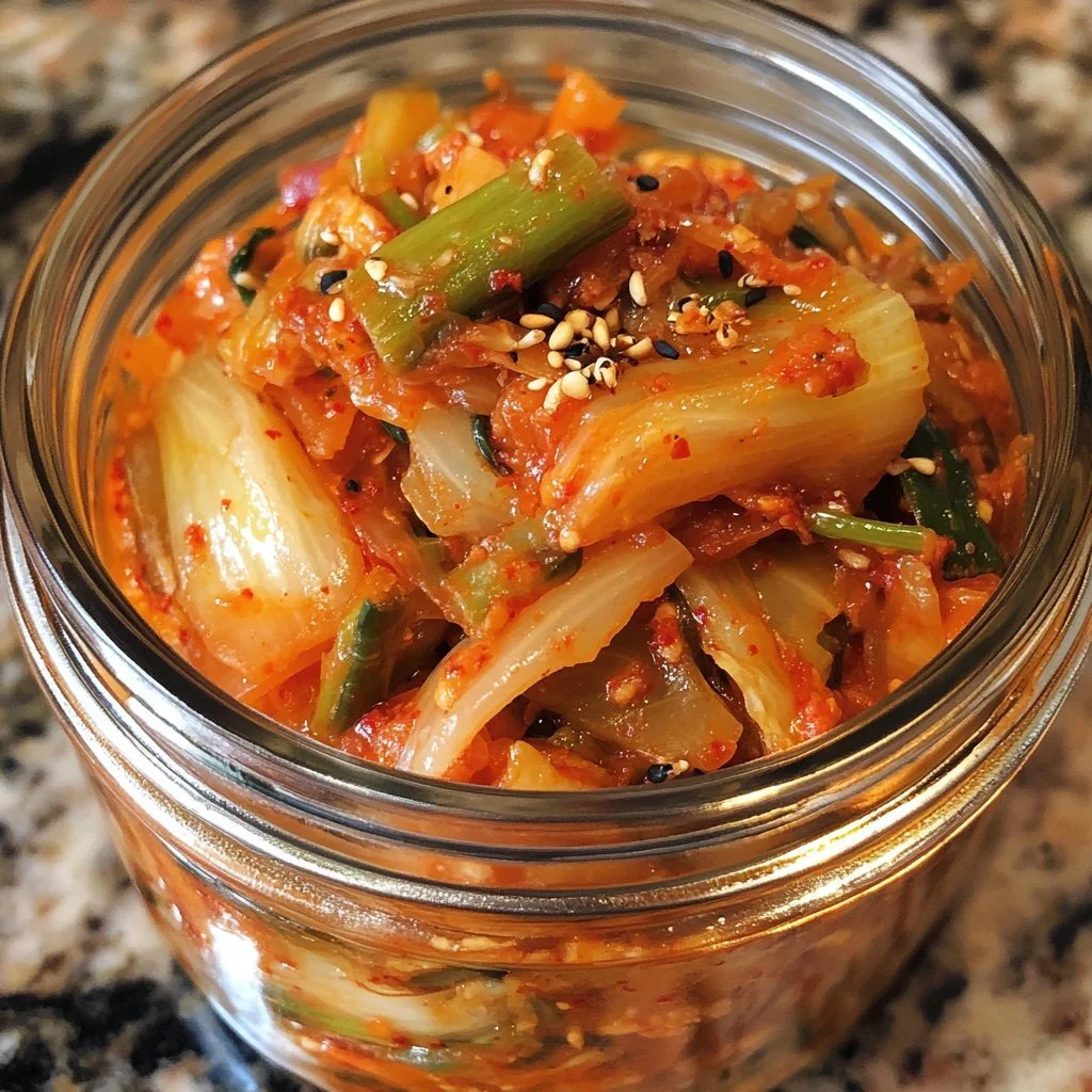 Bowl of homemade kimchi with vibrant vegetables and spices