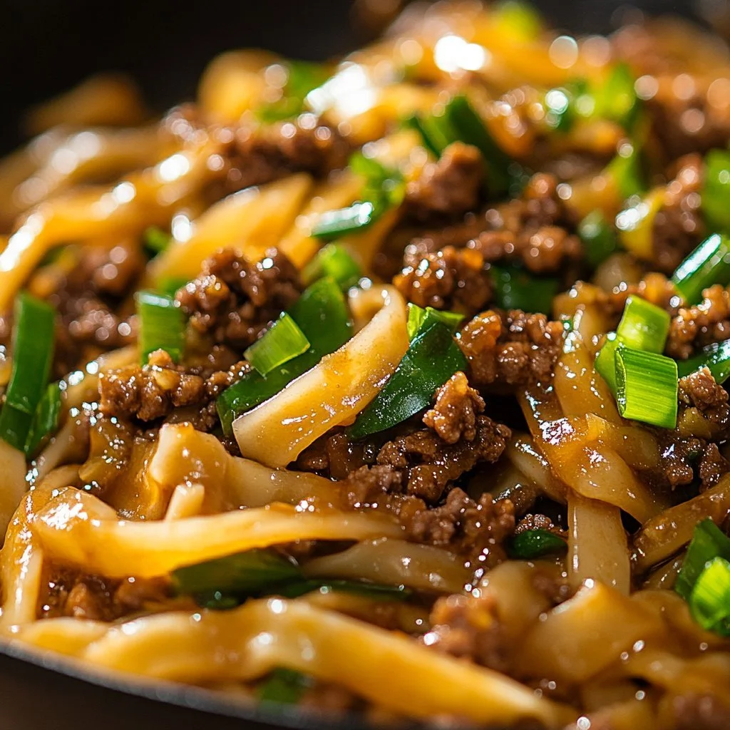 Plate of easy Mongolian ground beef noodles garnished with green onions.