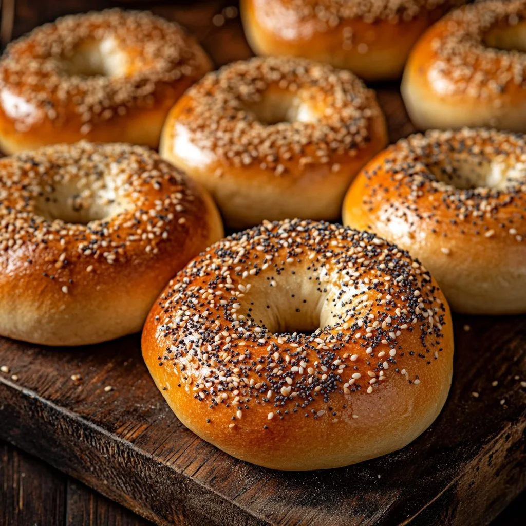 Freshly baked easy sourdough bagels with a golden crust and chewy texture.
