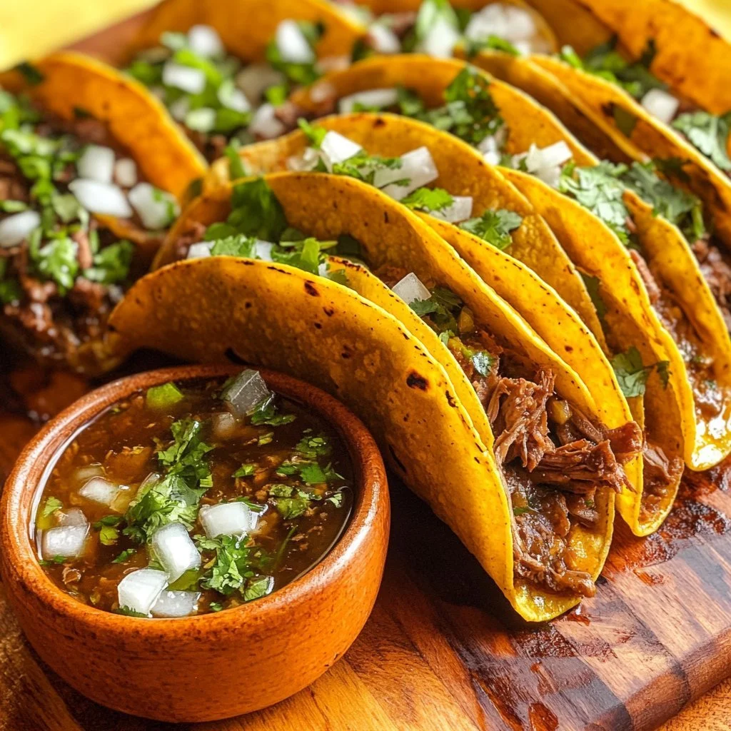 Delicious Birria Tacos served with rich consommé for dipping