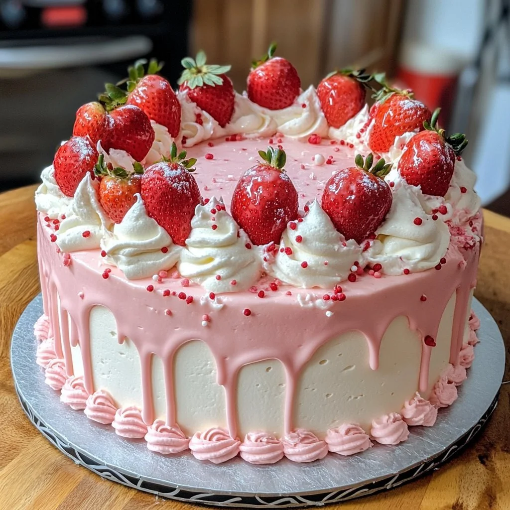 Fluffy and moist strawberry cream cake topped with fresh strawberries and cream