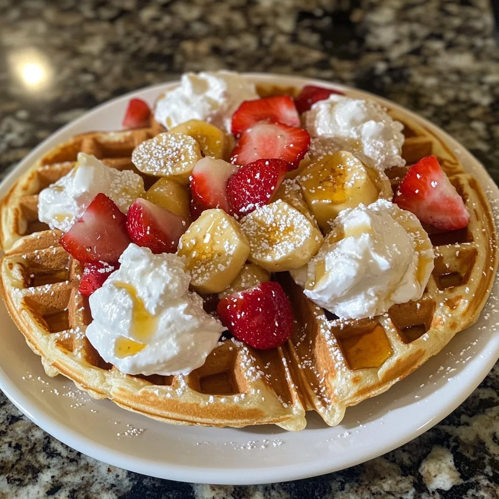 Fluffy Greek yogurt waffles served with fresh fruit and syrup.